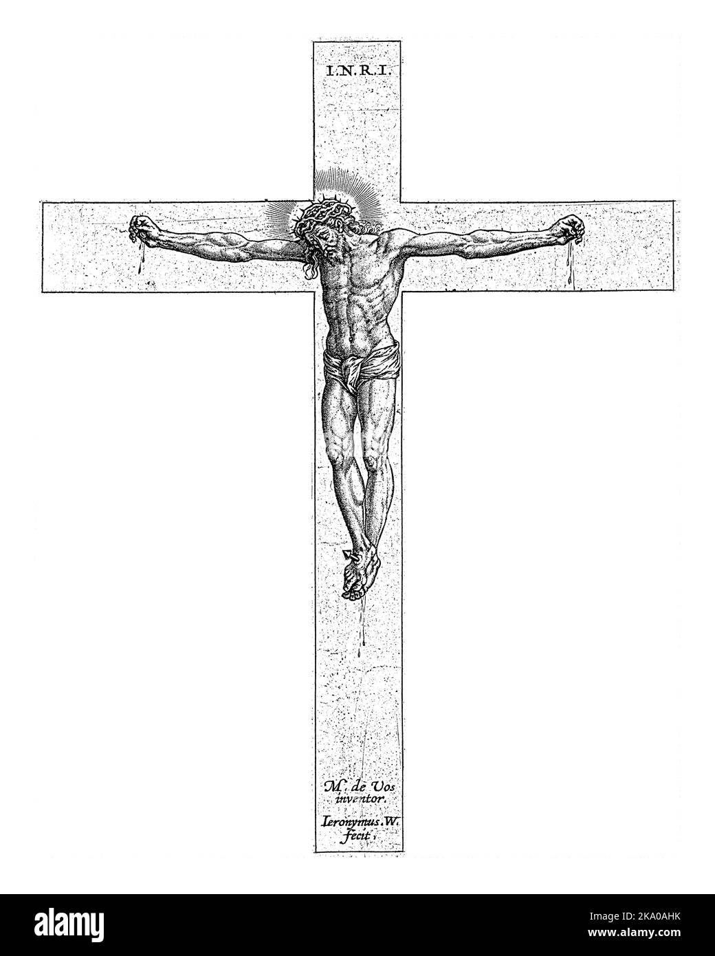 Christ sur la Croix, Hieronymus Wierix, d'après Maerten de Vos, 1563 - avant 1619 Christ est accroché sur la croix, la couronne des épines sur sa tête. Banque D'Images