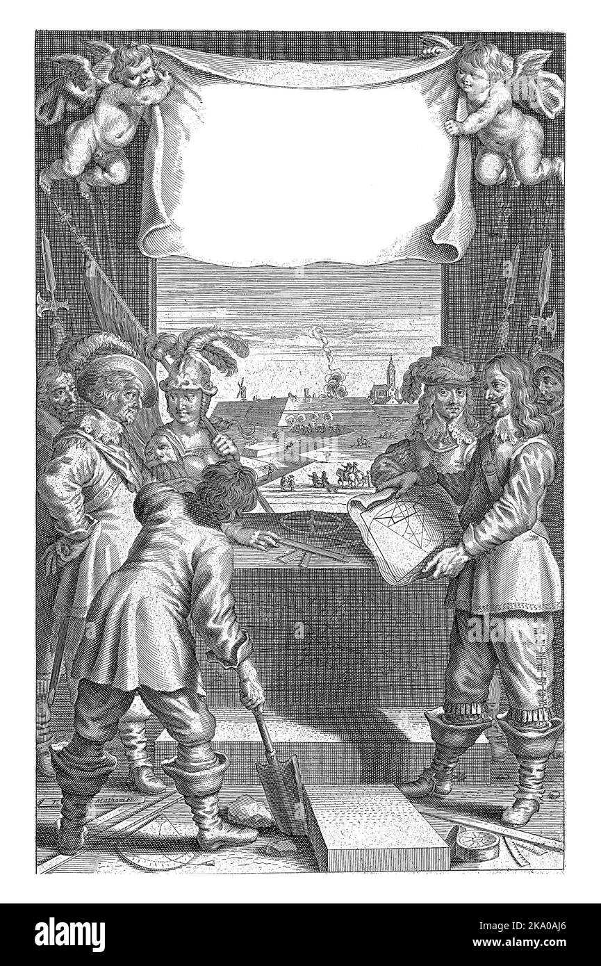 Un ingénieur montre Minerva et un commandant à gauche un dessin de construction d'une forteresse. Au premier plan vu un homme avec une pelle sur le dos. Banque D'Images