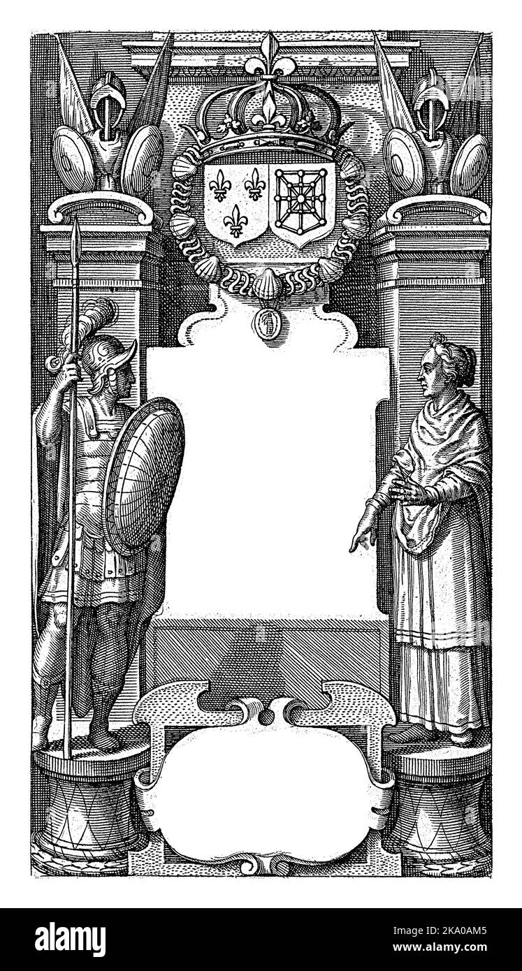 Une femme est debout sur un piédestal à droite. Elle regarde un soldat dans une armure romaine sur un piédestal à gauche. Entre eux dans un monument avec le A. Banque D'Images Une femme est debout sur un piédestal à droite. Elle regarde un soldat dans une armure romaine sur un piédestal à gauche. Entre eux dans un monument avec le A. Banque D'Images