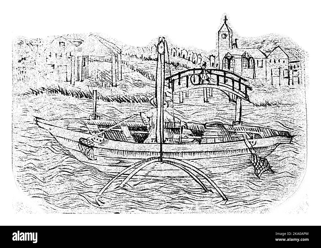 Paysage avec un bateau de pêche sur une rivière. Le pêcheur a un filet croisé entre ses mains. En arrière-plan une vue sur un village. Banque D'Images