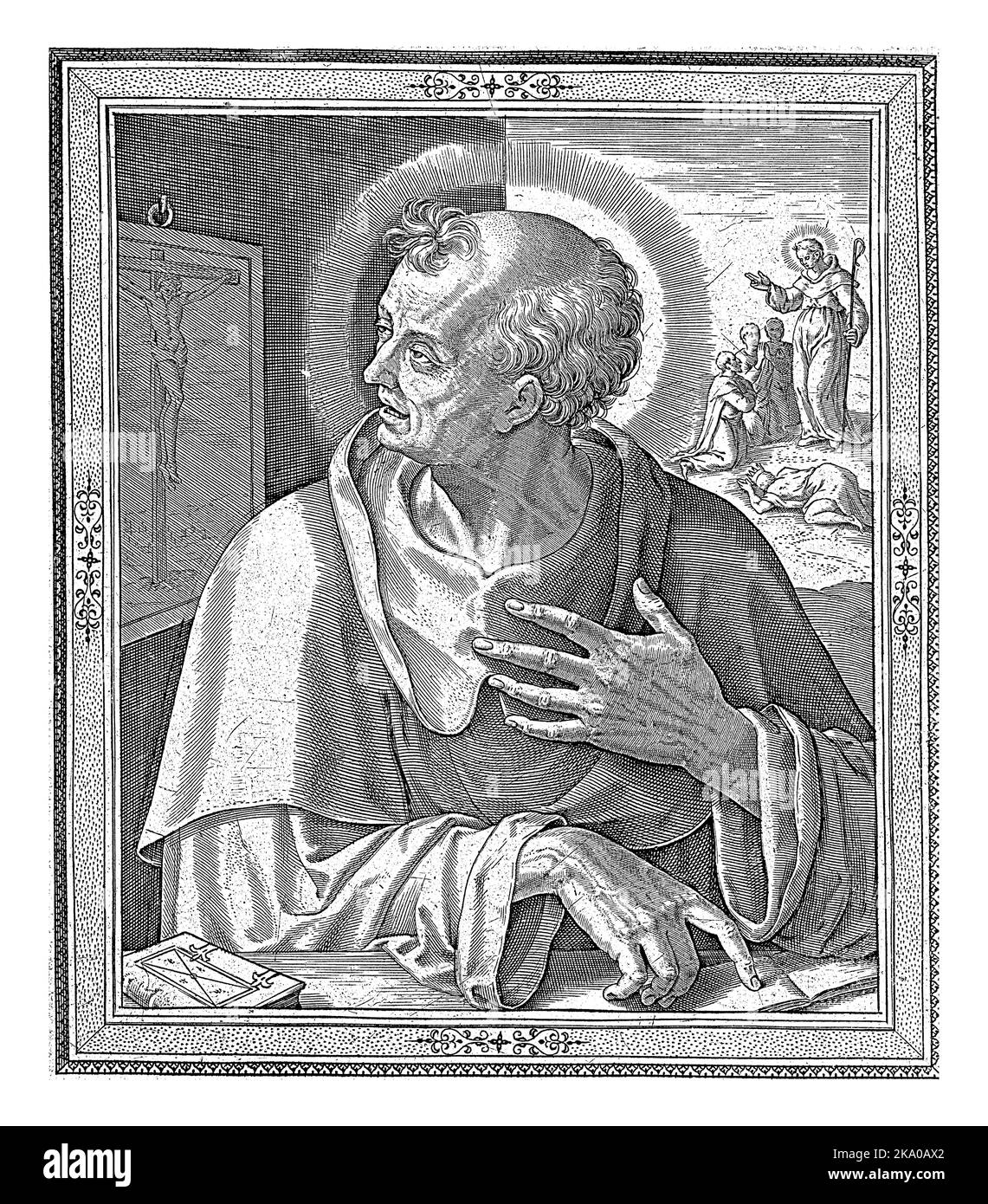 Saint Benoît, fondateur de l'ordre des Bénédictins, regarde par-dessus son épaule une image du Christ crucifié. En arrière-plan à droite, la touche v Banque D'Images