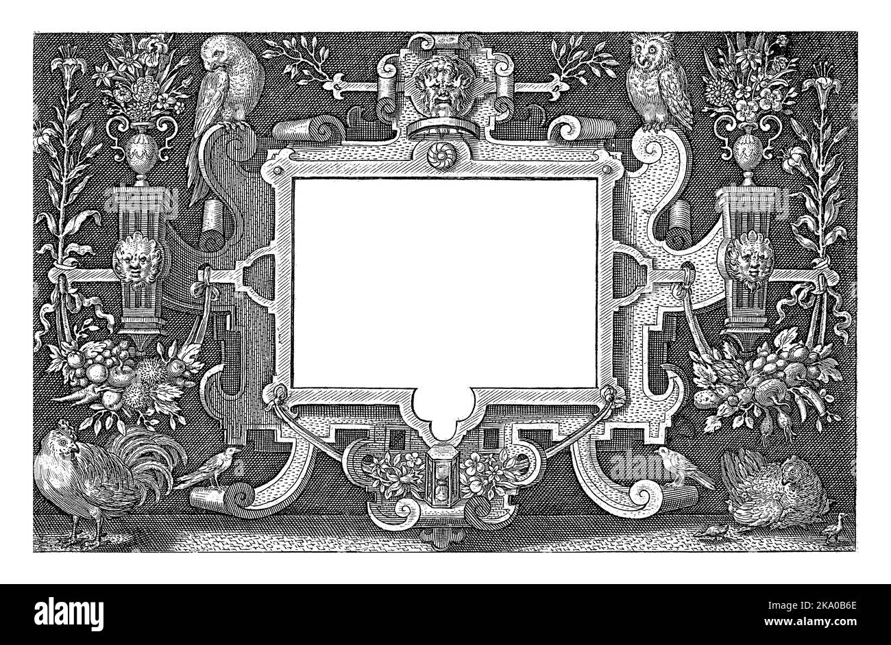 Titre imprimé avec titre en cartouche avec ornements tels que guirlandes et vases à fleurs. Les oiseaux, y compris le perroquet et la chouette, s'assoient sur le roller. Sous a r Banque D'Images