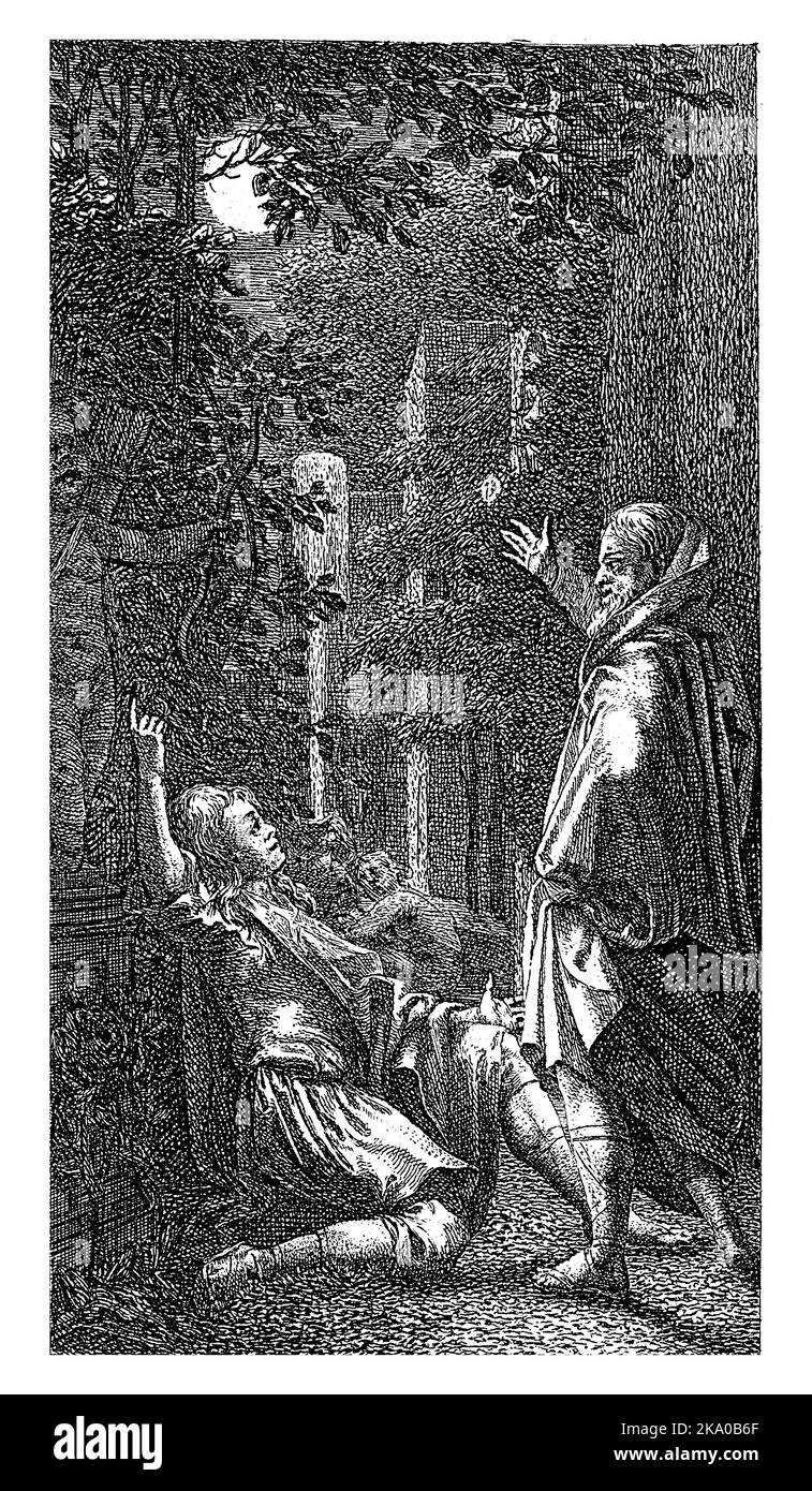 Un vieil homme parle à un jeune homme dans un jardin la nuit. Le jeune homme pointe vers une statue d'Amor. Banque D'Images