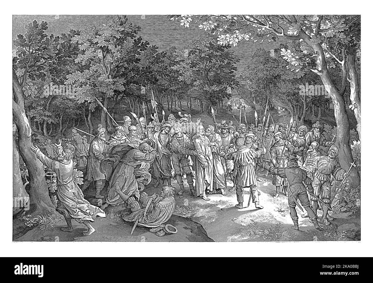 Christ et ses disciples dans le jardin de Gethsemane. Judas embrasse le Christ sur la joue. Les soldats l'entourent et l'arrêtent. Banque D'Images