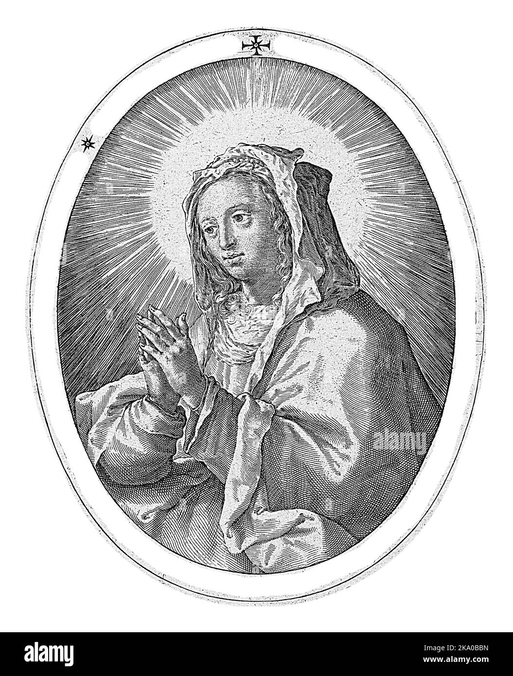 Marie, dans la prière. La scène est définie dans un cadre ovale avec un lettrage de bord en latin. Pendentif d'une empreinte de Christ. Banque D'Images