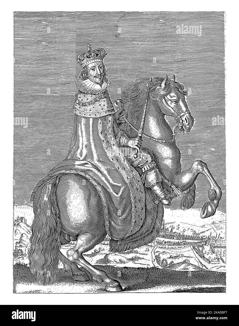 Portrait équestre de Charles Ier, roi d'Angleterre, vêtu de manteau royal, avec couronne sur sa tête et épouvanteur dans sa main. En arrière-plan se trouve le t Banque D'Images