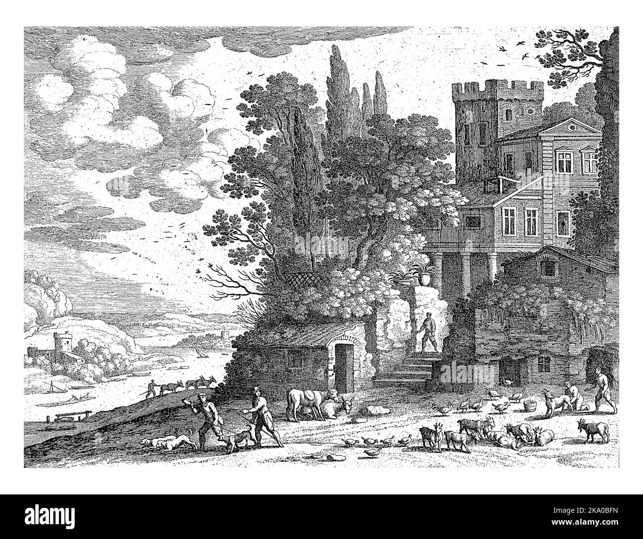 Un paysage italien avec une maison avec une tour. Au premier plan, chèvres, poulets, ânes et deux hommes avec cornes de chasse et chiens de chasse. Banque D'Images