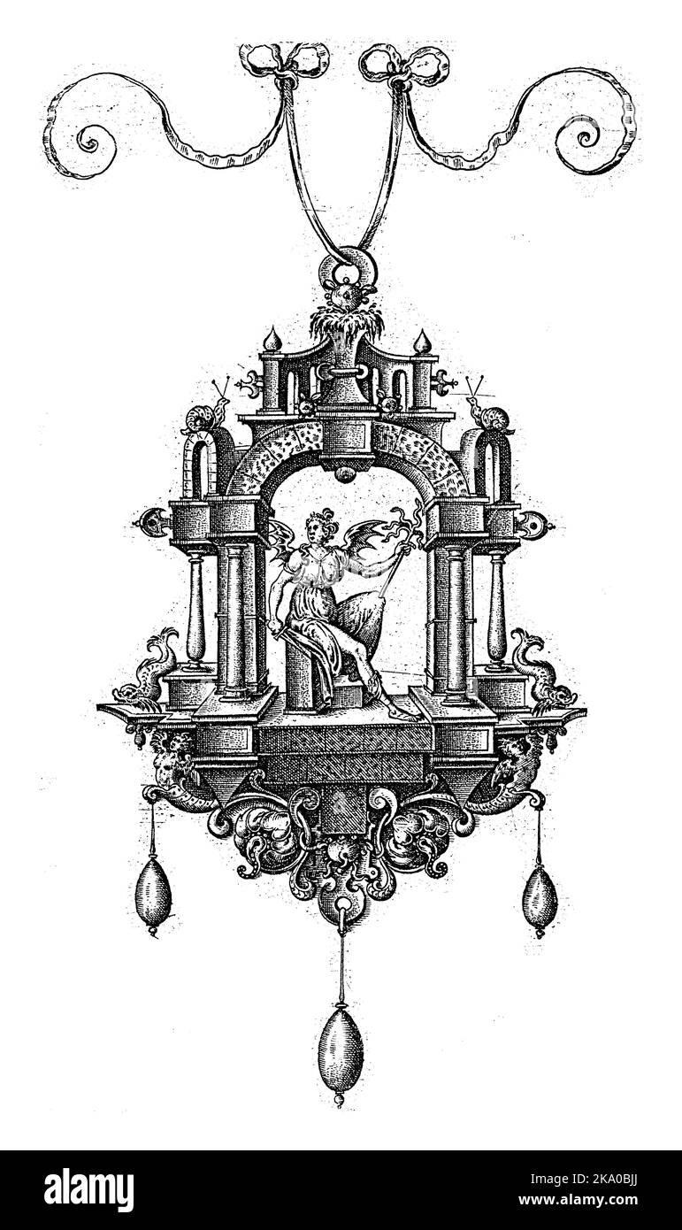 Pendentif (pendeloque) avec une femme aidée avec une épée et un bâton de serpent dans ses mains, Hans Collaert (I), c. 1555 - c. 1576 une de 9 feuilles, d'une série Banque D'Images