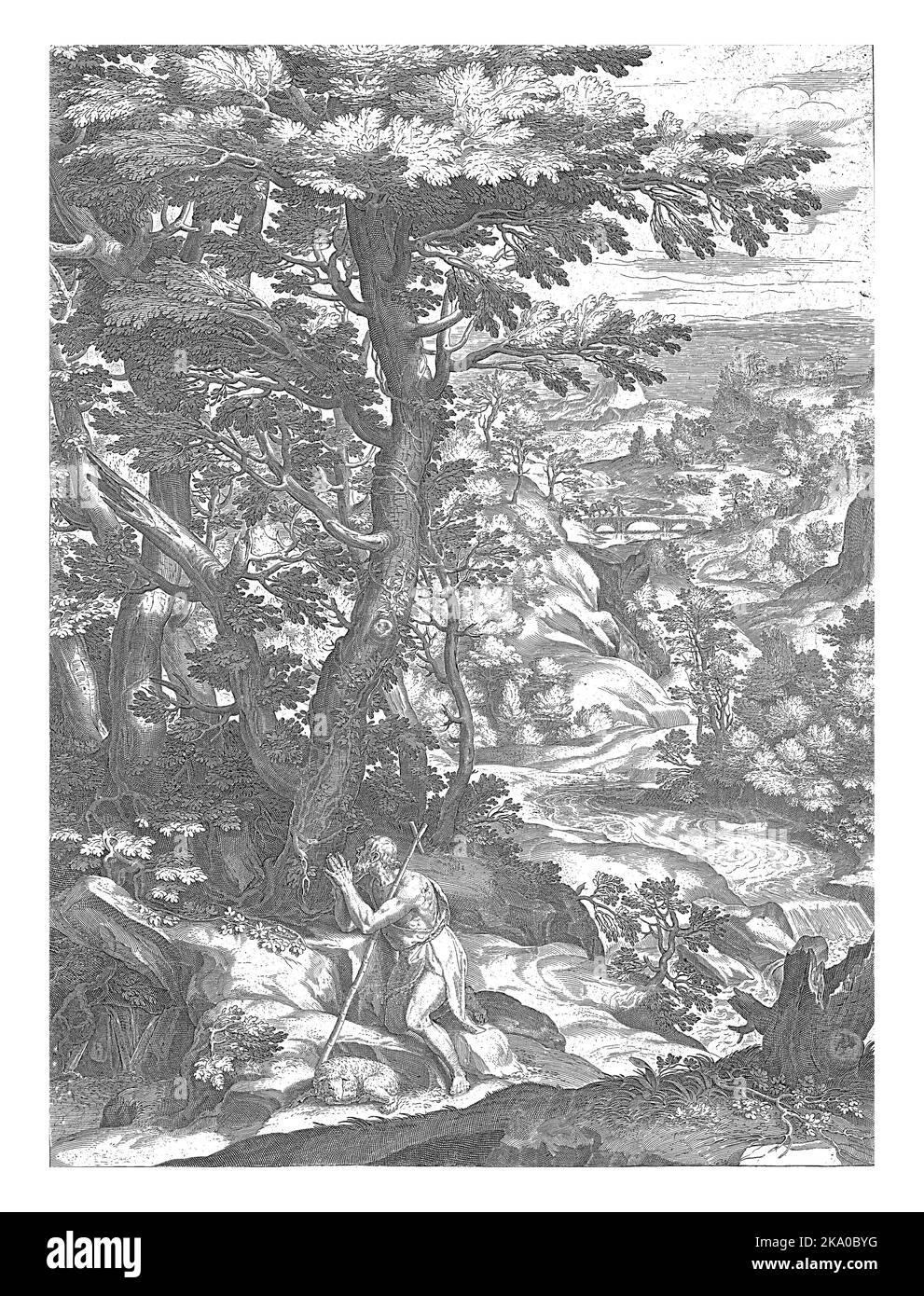Paysage fluvial avec prière Jean-Baptiste. Un agneau se trouve à côté de la figure à genoux. Banque D'Images Paysage fluvial avec prière Jean-Baptiste. Un agneau se trouve à côté de la figure à genoux. Banque D'Images