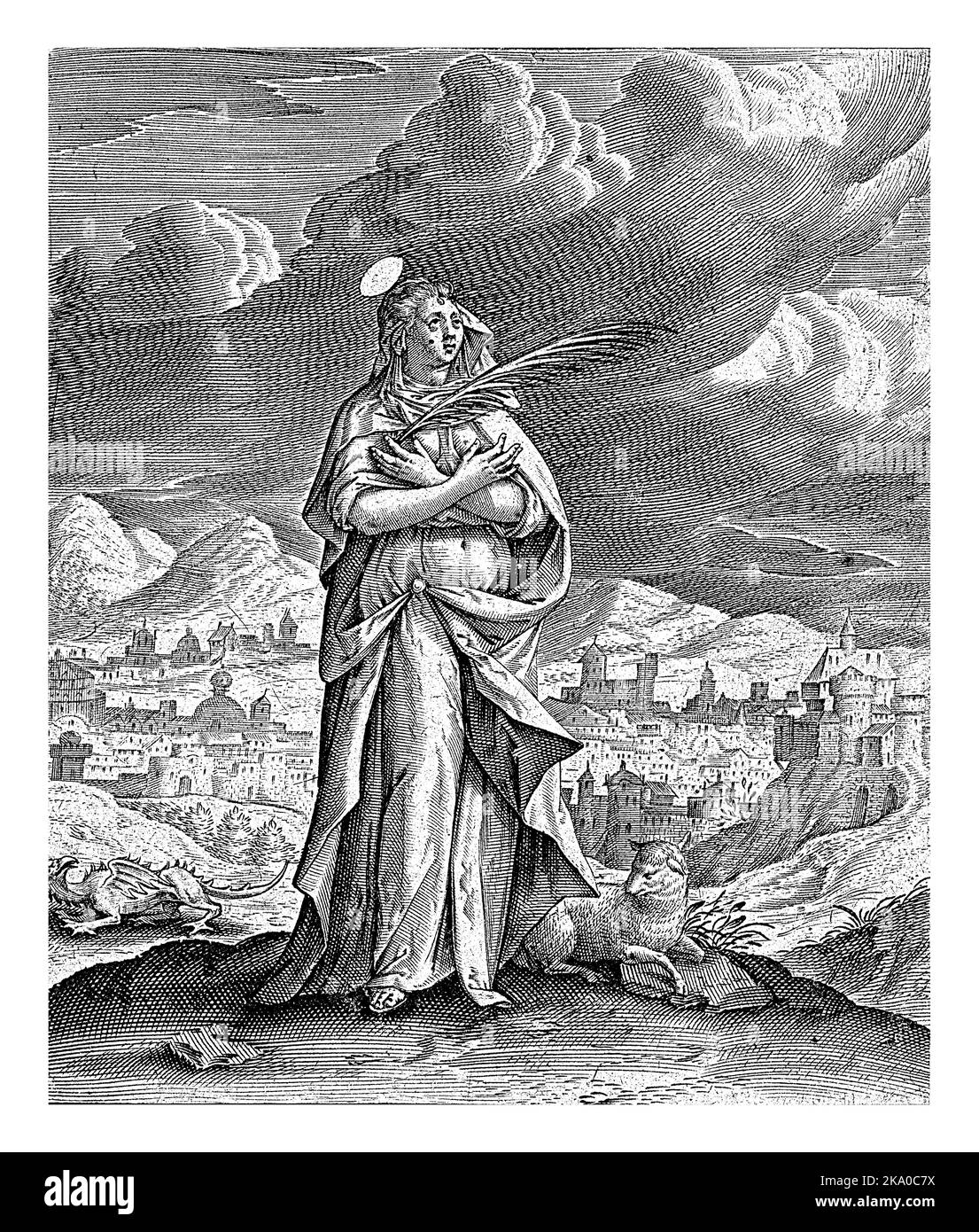 Paysage avec Sainte-Marguerite d'Antioche, Antonie Wierix (II), 1565 - avant 1604 Sainte-Marguerite d'Antioche se dresse sur une colline, ses bras croisés devant Banque D'Images