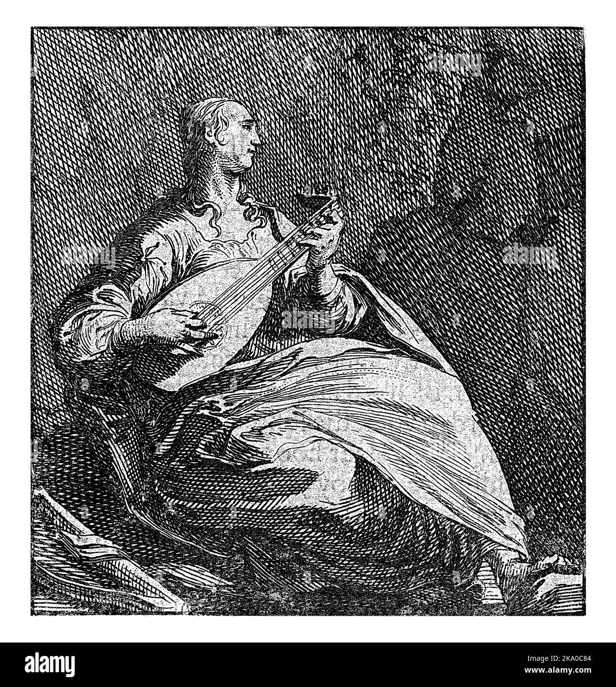 Le Terpsichore assis, la muse du chant et de la danse, joue le luth. À la gauche de ses pieds sont une lyre et un livre. Banque D'Images