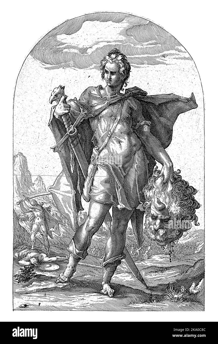 David avec une épée et la tête de Goliath. En arrière-plan, la scène où il se hisse de la tête de Goliath. Banque D'Images