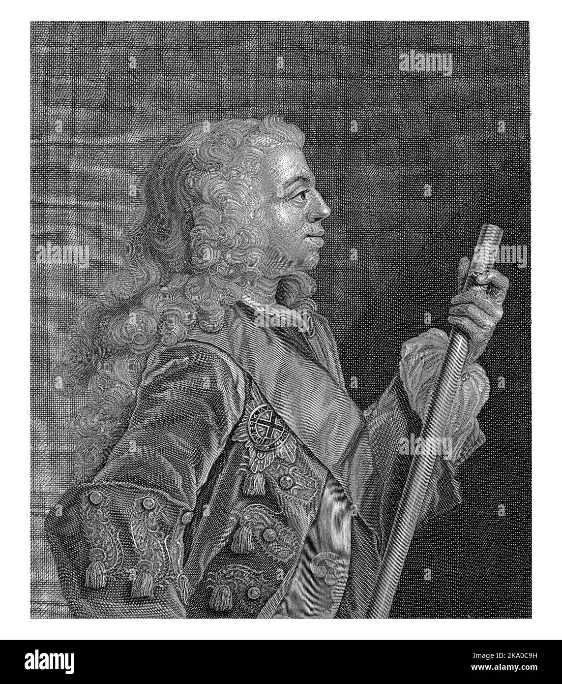 Portrait en demi-longueur de Willem Karel Hendrik Friso (Willem IV) van Oranje-Nassau. Le prince est représenté en profil avec un personnel de commandement en main. Banque D'Images