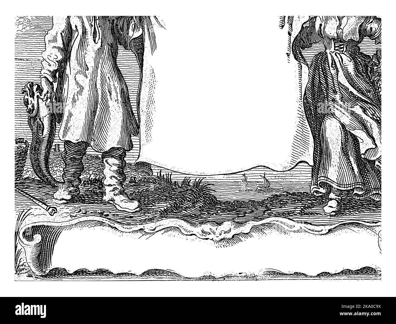 Deux pêcheurs tiennent une toile avec le titre de la série en néerlandais. L'empreinte au fond d'une cartouche. Banque D'Images