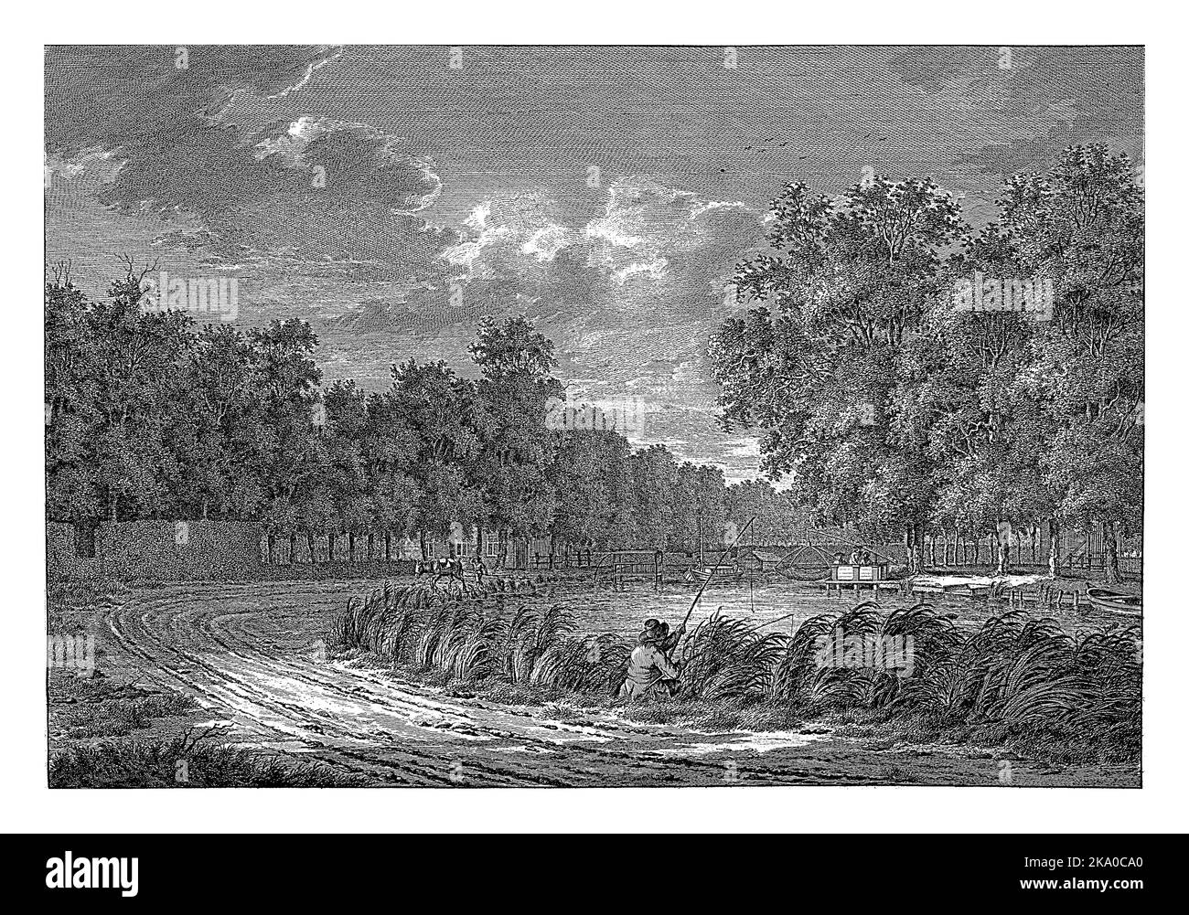 La rive du Gein près d'Amsterdam. En premier plan un pêcheur à la ligne le long de la route. En arrière-plan, un chasseur marche à côté de son cheval. Banque D'Images