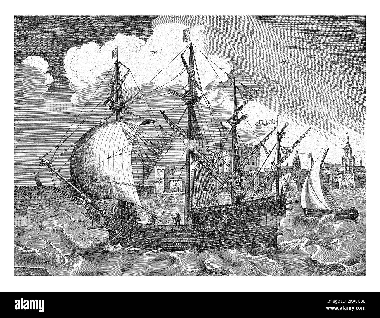 Un navire à quatre mâts sort du port et pénètre dans la mer. Un plus petit vaisseau sur la droite. En arrière-plan une forteresse à la tête du port. Banque D'Images