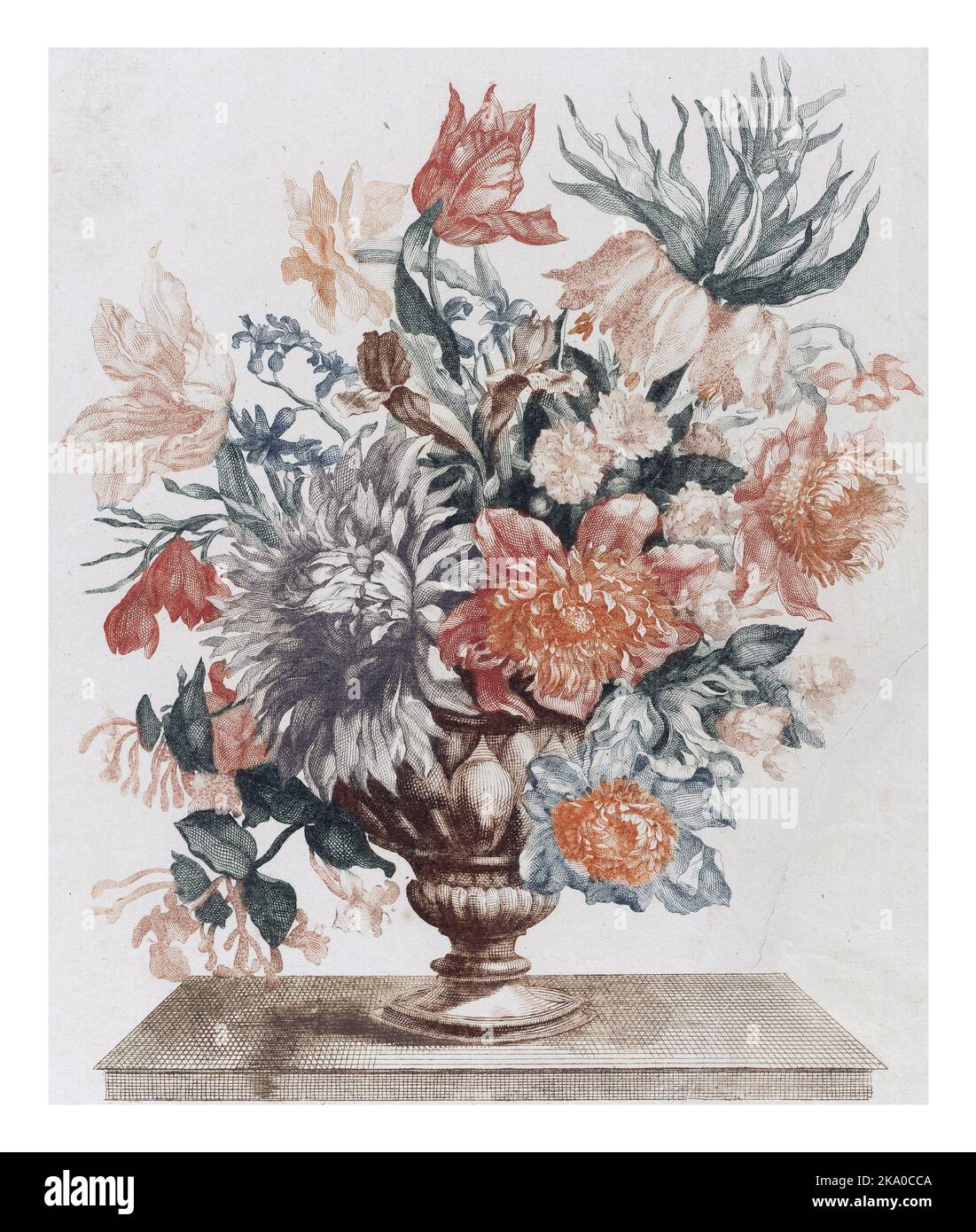 Vase en pierre avec fleurs sur un plateau, anonyme, d'après Jean Baptiste Monnoyer, 1688 - 1698, gravé d'époque. Banque D'Images