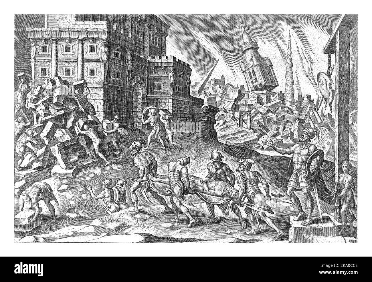 Le corps mort du roi d'ai est porté sur un bier par des soldats jusqu'à la porte de la ville. En arrière-plan la ville détruite. Banque D'Images