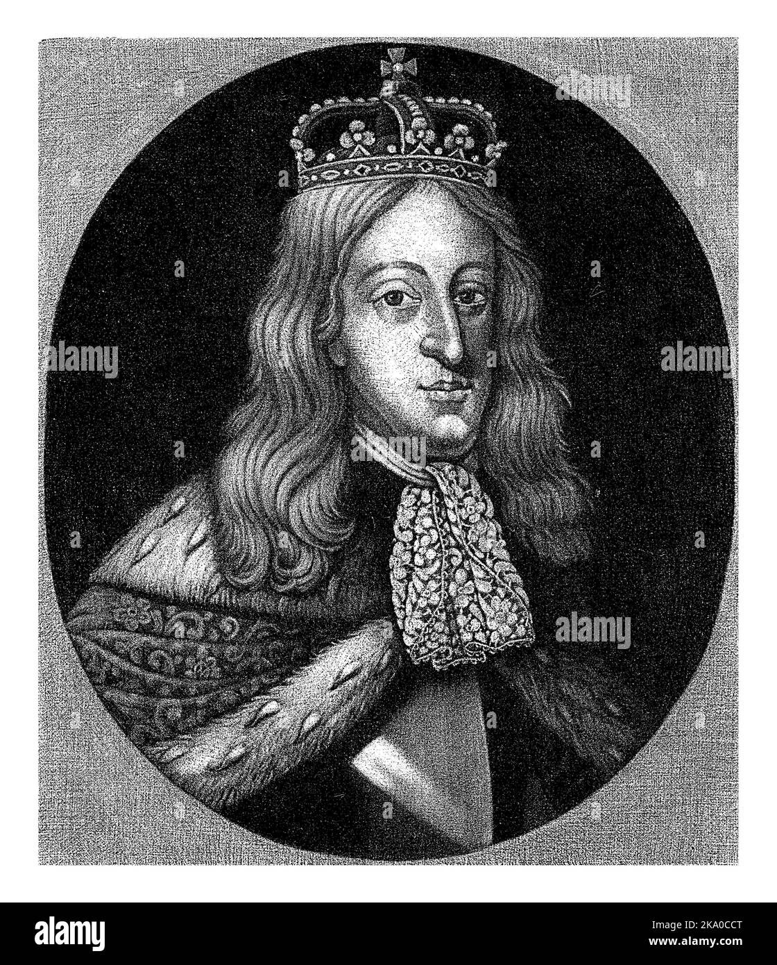 Charles II, roi d'Espagne, avec la couronne royale sur sa tête et le manteau de couronnement sur ses épaules. Banque D'Images