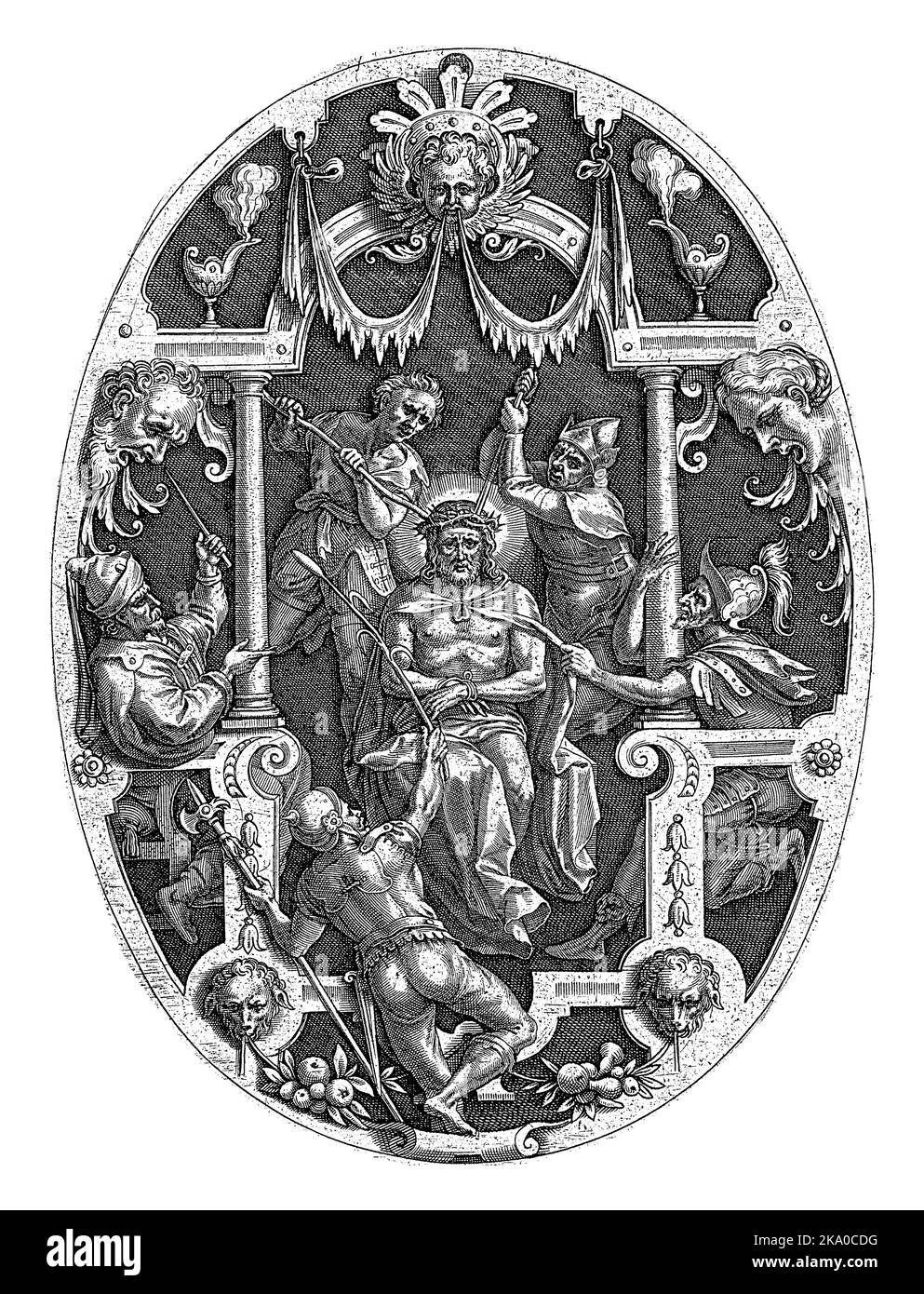 Le Christ est moqué par les soldats. Il obtient une couronne d'épines sur sa tête et une lame d'herbe comme un sceptre. Ovale debout avec ornement. Banque D'Images