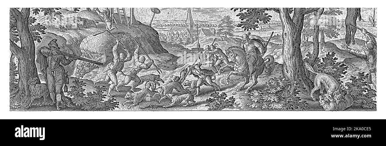 Les chiens de chasse chassent les loups qui sont ensuite tués par les chasseurs avec des lances et des bâtons. L'impression a une légende latine et fait partie d'une série de 54 tirages. Banque D'Images