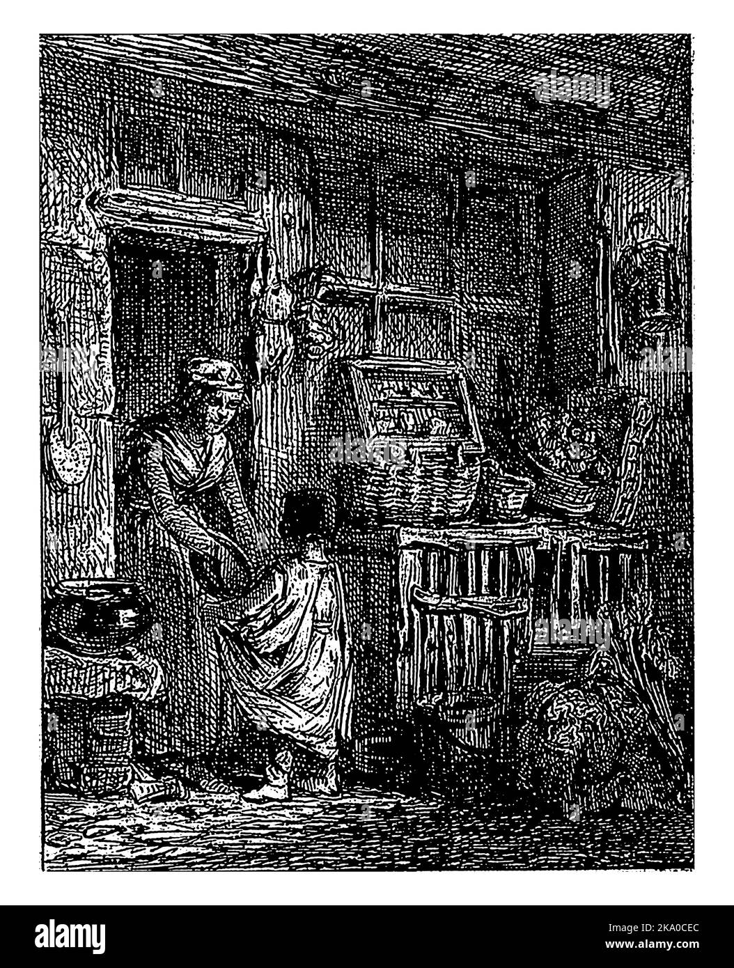 Femme avec enfant devant une maison, Charles Emile Jacque (attribué à), c. 1843, gravé vintage. Banque D'Images