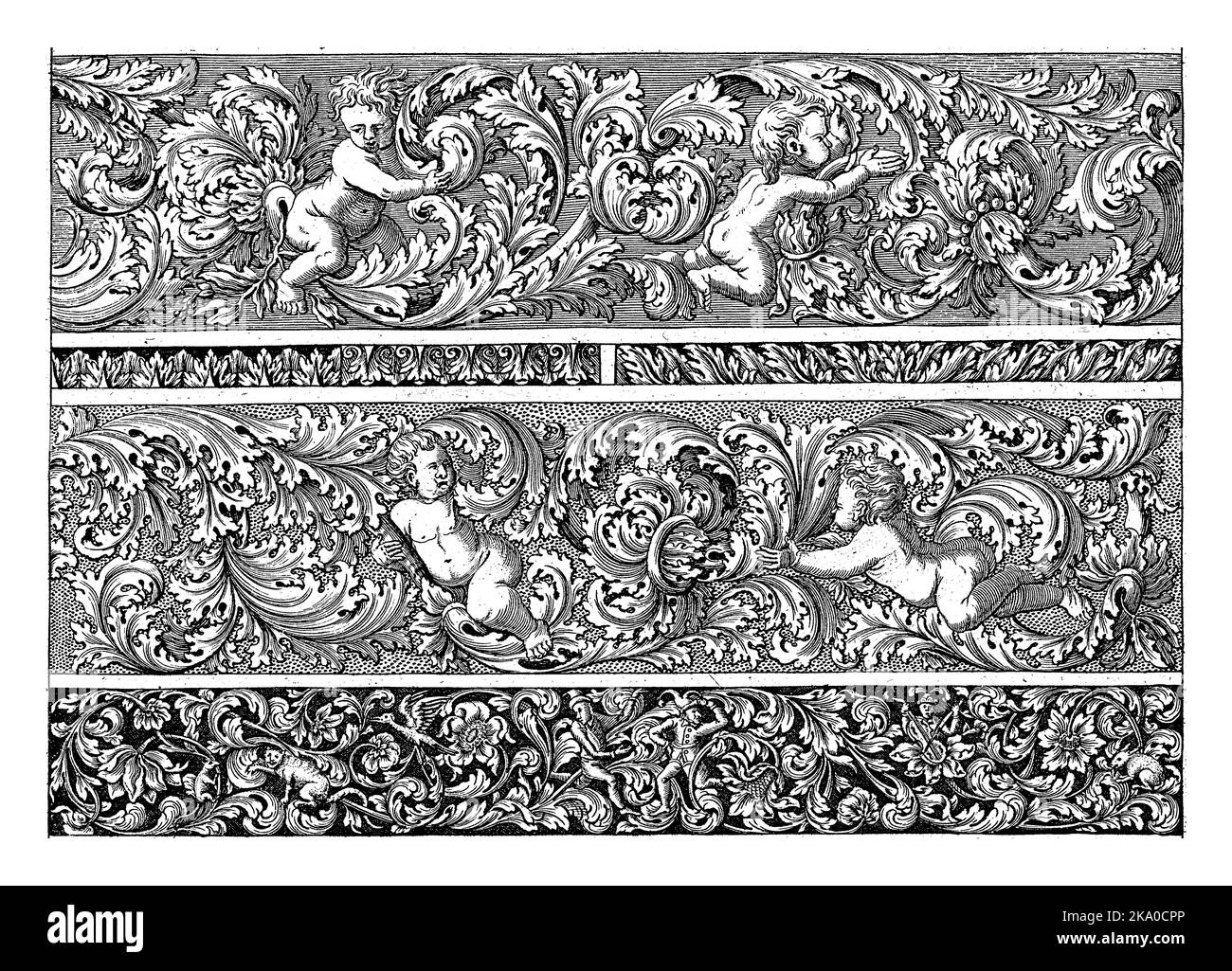 Les putti sont représentés dans les deux frises supérieures, séparées par une bordure ornementale avec trois variations. Banque D'Images