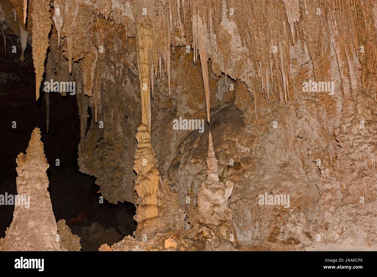 Stalactites et stalagmites dans une salle de caverne dans les grottes de Carlsbad, au Nouveau-Mexique Banque D'Images