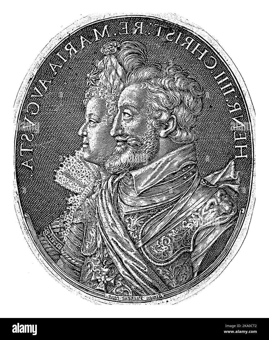 Médaillon avec le double portrait d'Henri IV et de Maria de' Medici, roi et reine de France. En haut de leur nom en latin, en image miroir. Banque D'Images