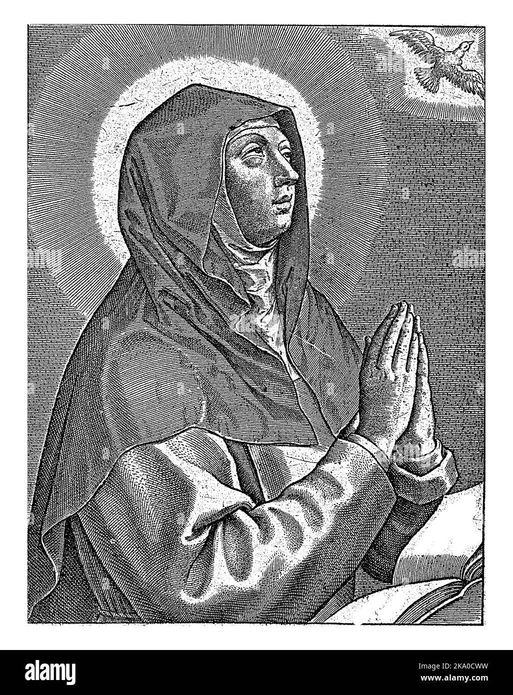 Saint Scholastica, mi-longueur à droite, priant avec les mains pliées. En haut à droite la colombe comme symbole de l'Esprit Saint. Imprimez à partir d'une série de fif Banque D'Images