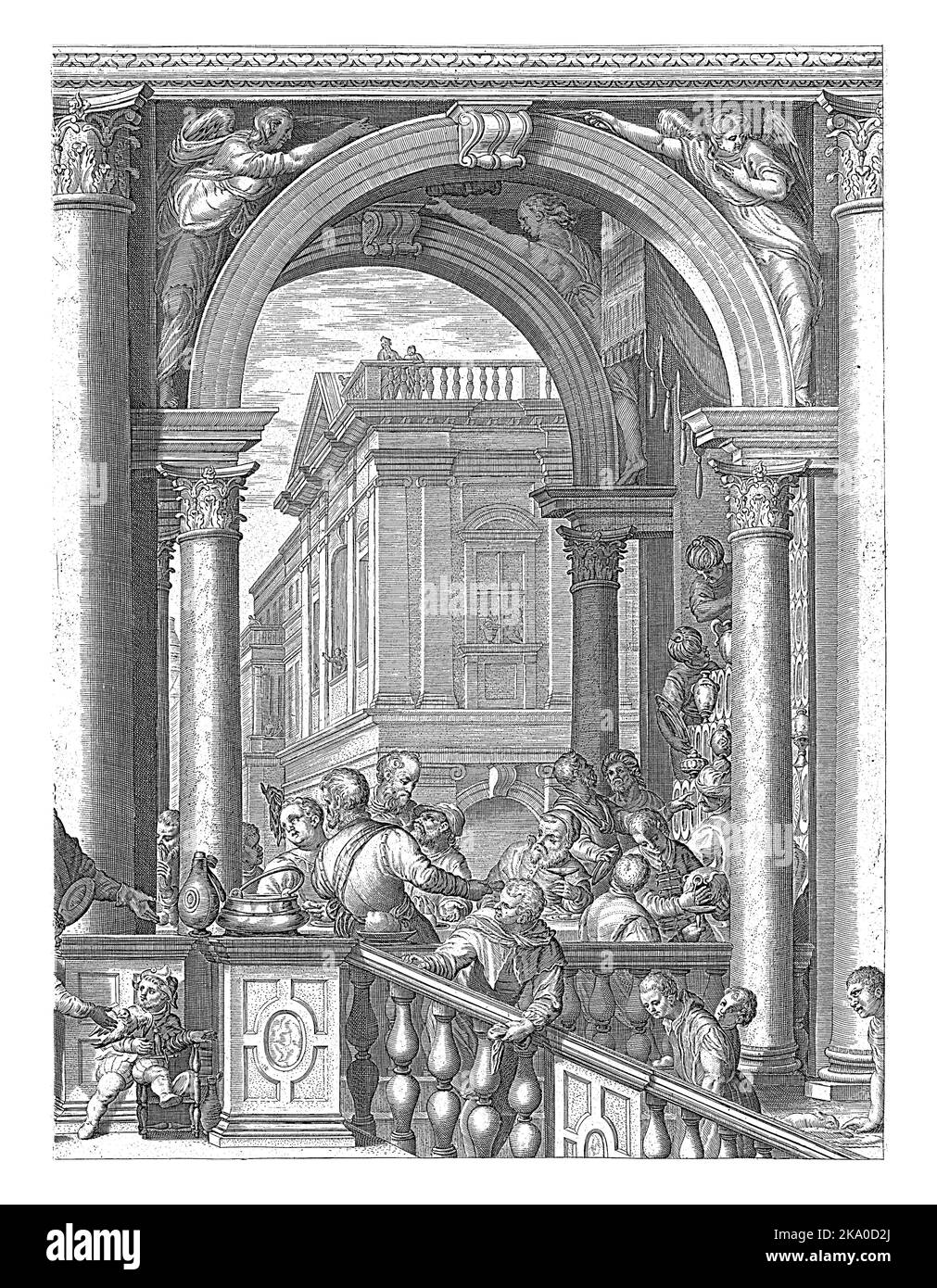 L'intérieur Renaissance de la maison de Levi de Tollenaar. En premier plan un escalier avec les invités de manger. L'impression comporte une légende latine. Banque D'Images