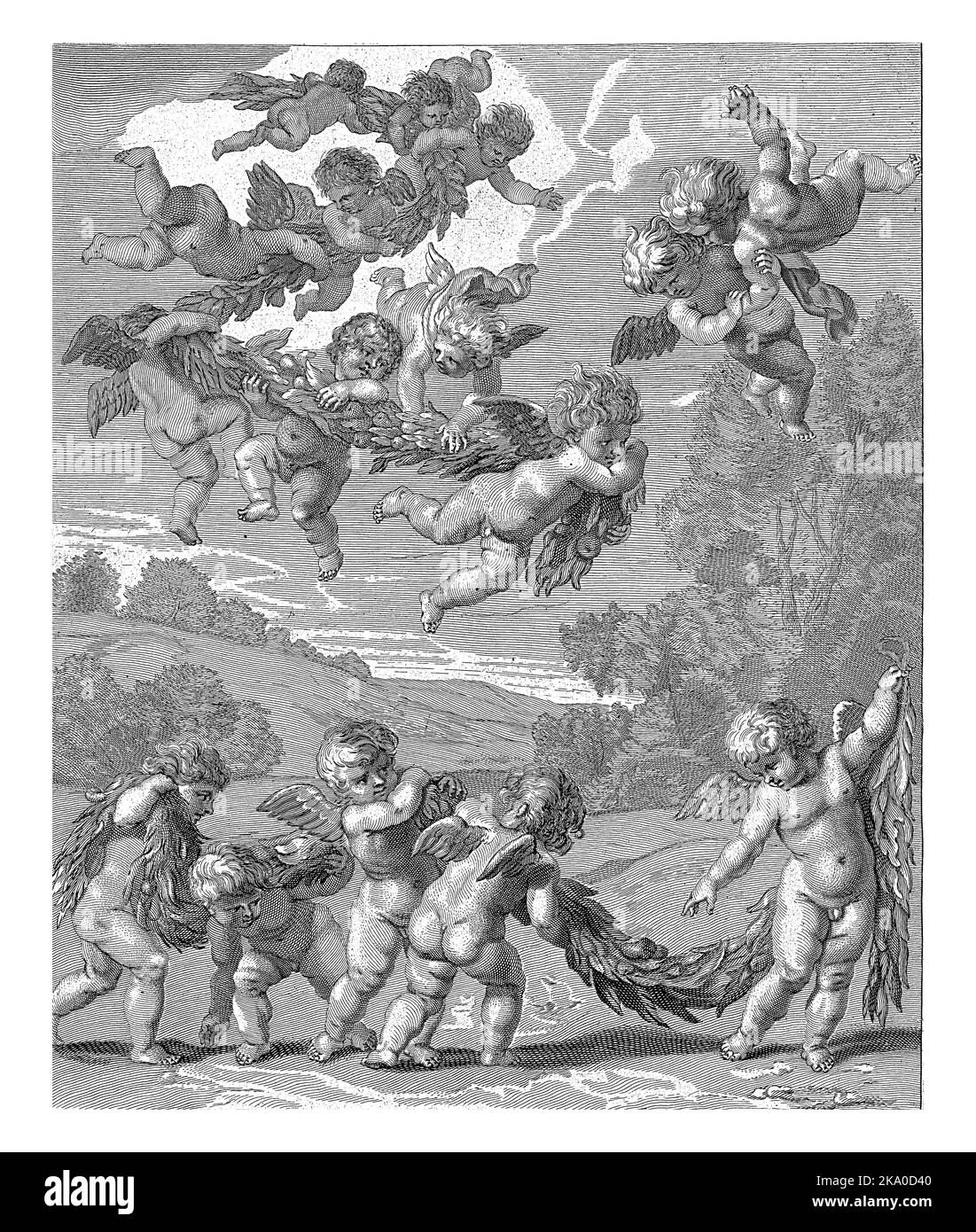 Dans un paysage, cinq putti portent une guirlande de feuilles et de fruits. Le putti vole également dans l'air avec une guirlande. Imprimer à partir d'une série de quatre éléments. Banque D'Images