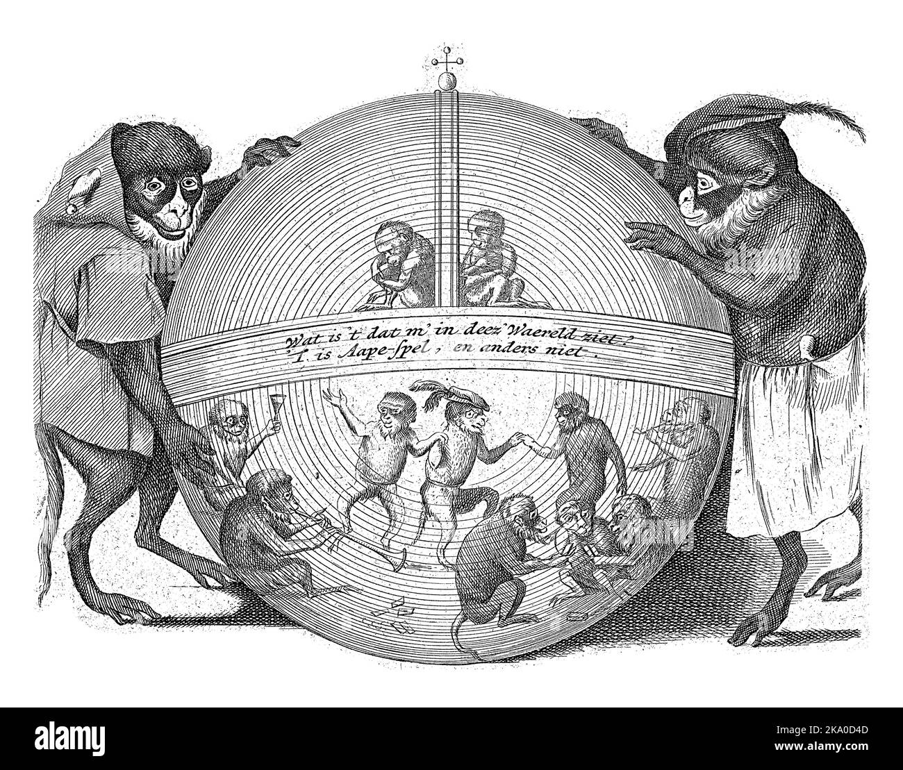 Titre imprimé d'une série de six imprimés et titre imprimé représentant diverses activités humaines de singes. Banque D'Images
