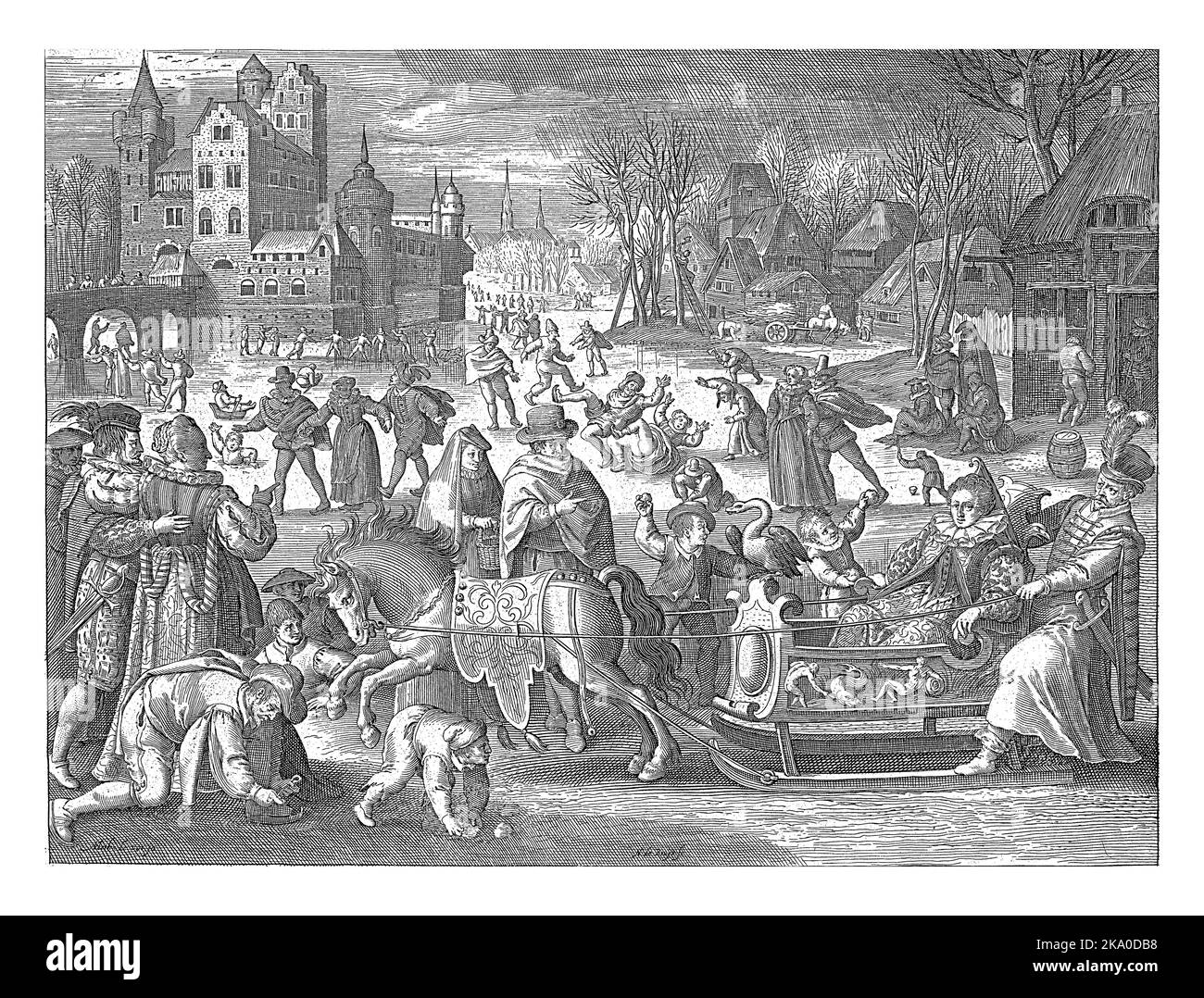Hiver, Nicolaes de Bruyn, après Maerten de vos, 1581 - 1656 Paysage d'hiver avec des activités qui ont lieu pendant cette saison: Les gens patinent sur le Banque D'Images
