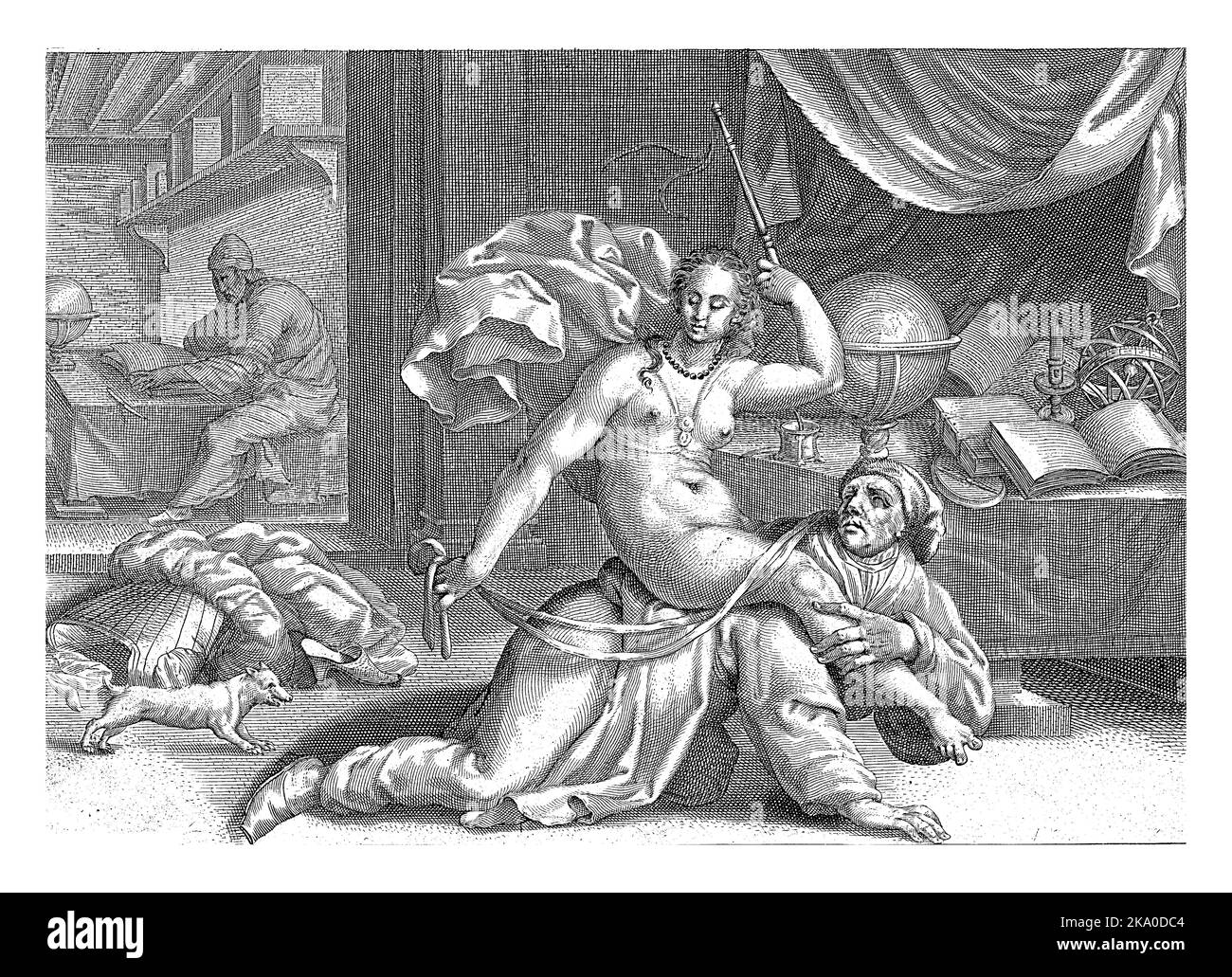 Phyllis, dépouillé de ses vêtements, conduit Aristote qui est rampant sur tous les fours dans une étude. Sur la droite une table, sur laquelle une terre et un glo céleste Banque D'Images