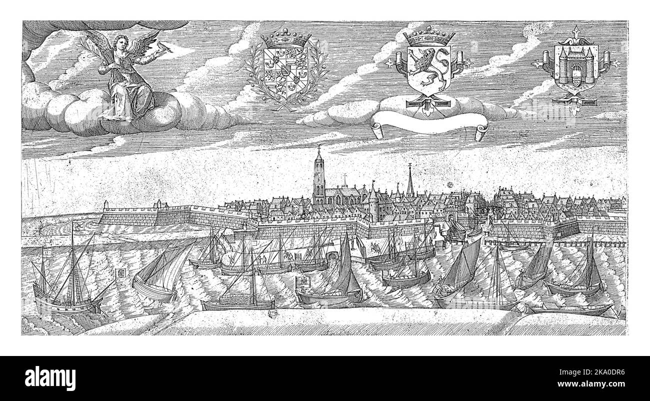 Vue sur la ville de Gorinchem, Nicolaes Weydtmans, 1600 vue sur la ville de Gorinchem. Au premier plan la Merwede avec plusieurs navires. Banque D'Images