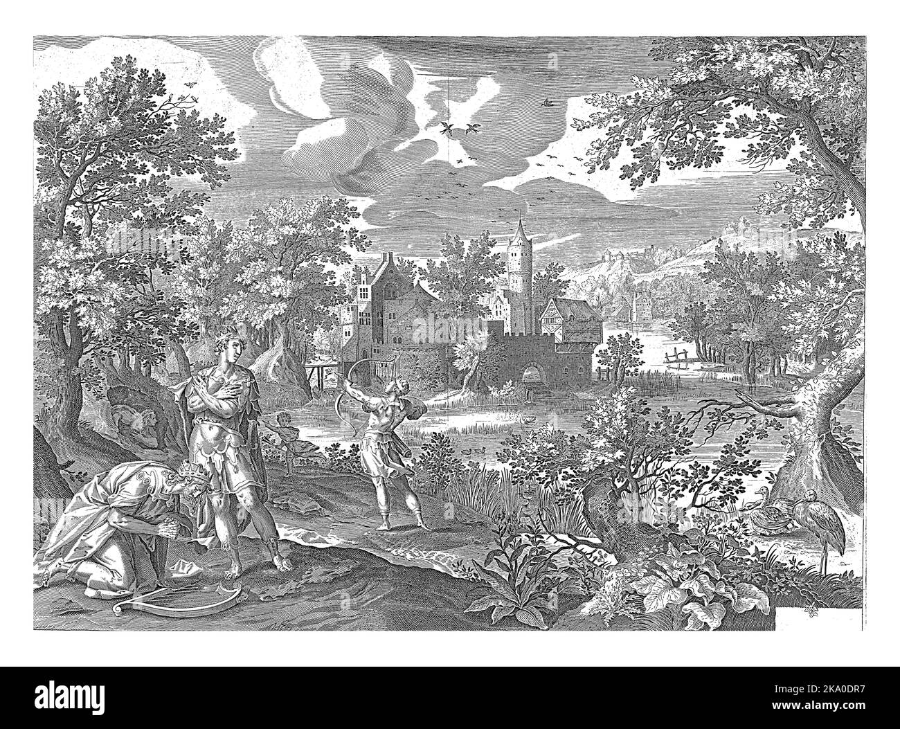 Alliance entre David et Jonatan, anonyme, d'après Aegidius Sadeler, d'après Maerten de Vos, d'après Jacob Savery (I), 1630 - 1702 au premier plan, Da Banque D'Images