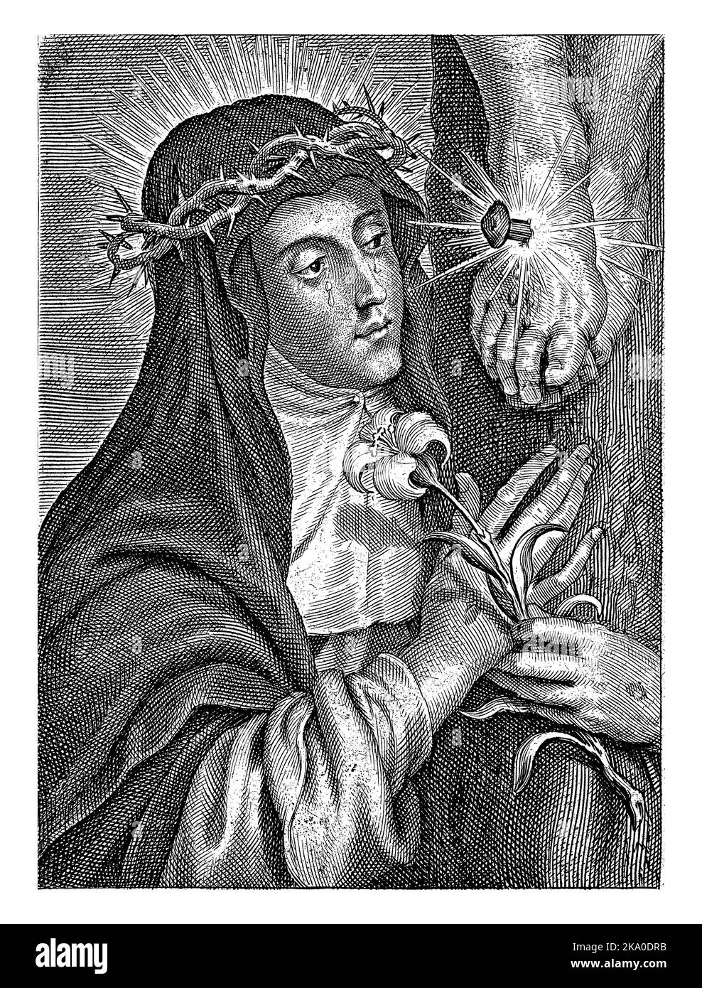 Sainte Catherine de Sienne avec stigmata au crucifix Banque D'Images