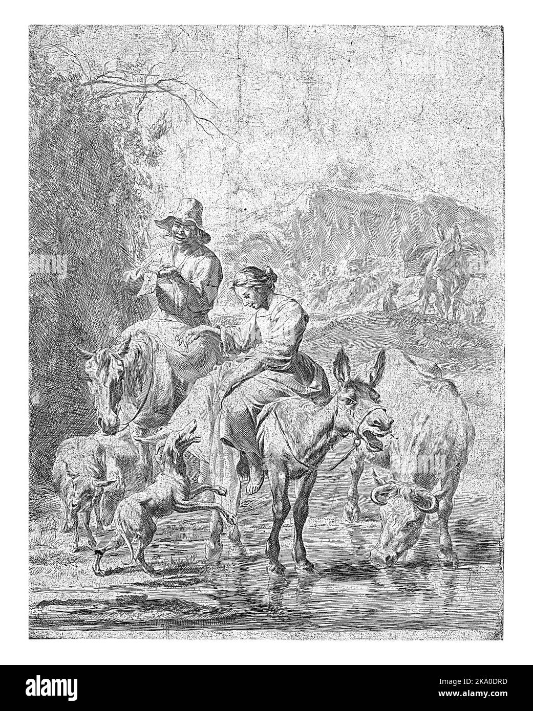 Bergers sur Donkey et Shepherd sur Horse Crossing a Stream, Nicolaes Pietersz. Berchem, 1652 - 1666, gravé d'époque. Banque D'Images
