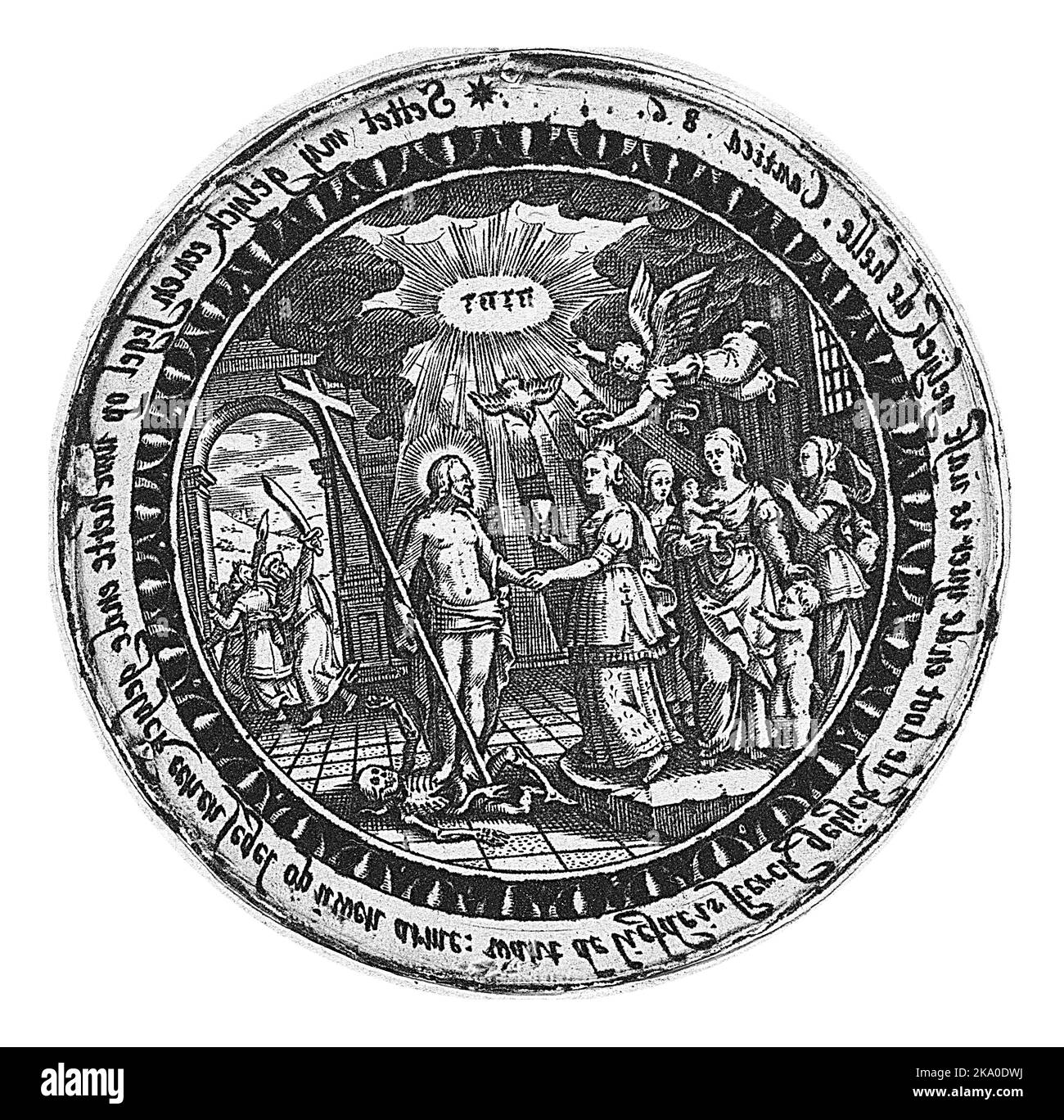 Imprimé d'un médaillon. Représentation du mariage entre le Christ et l'Église (Ecclesia). Au-dessus de leurs têtes, la colombe du Saint-Esprit et le tétrag Banque D'Images