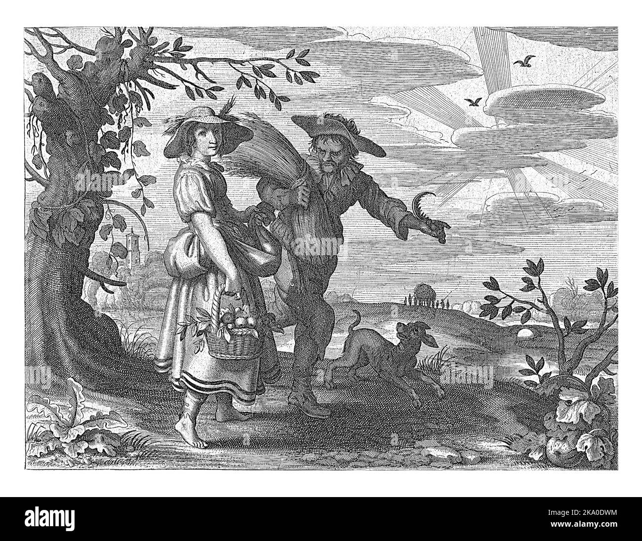 Été, Daniel van den Bremden, après Adriaen Pietersz. Van de Venne, 1625 - 1630 Une jeune femme avec un panier rempli de fruits et un fermier qui a juste Banque D'Images