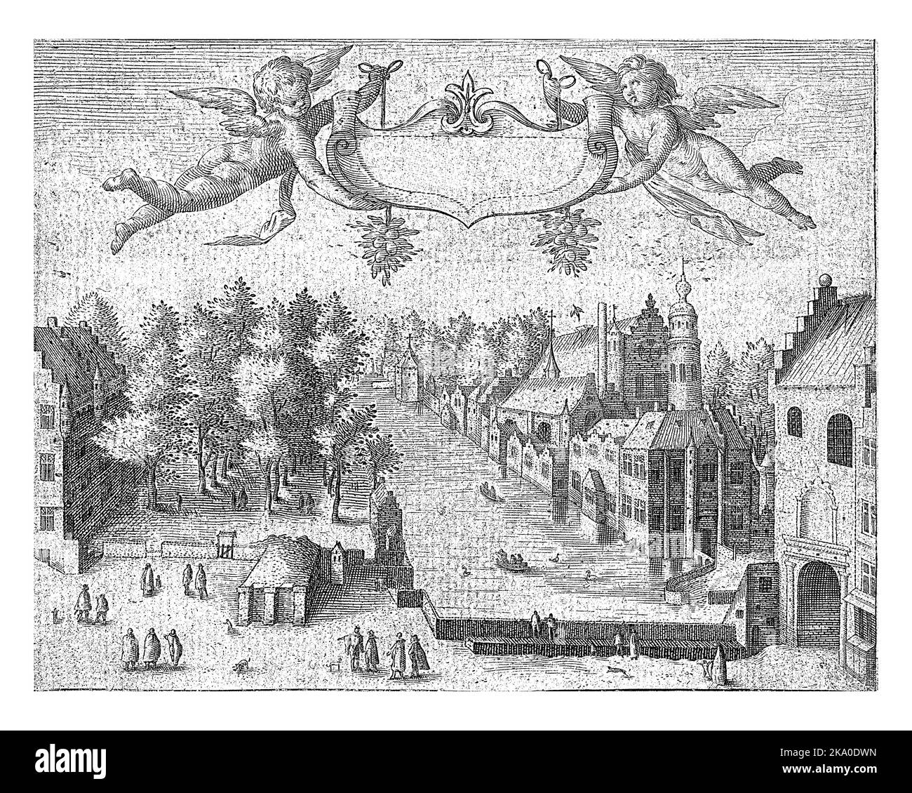 Publication légale avec une représentation du Vijverberg et du Binnenhof à la Haye. Dans le ciel au-dessus de la Haye, deux petits anges sont représentés h Banque D'Images