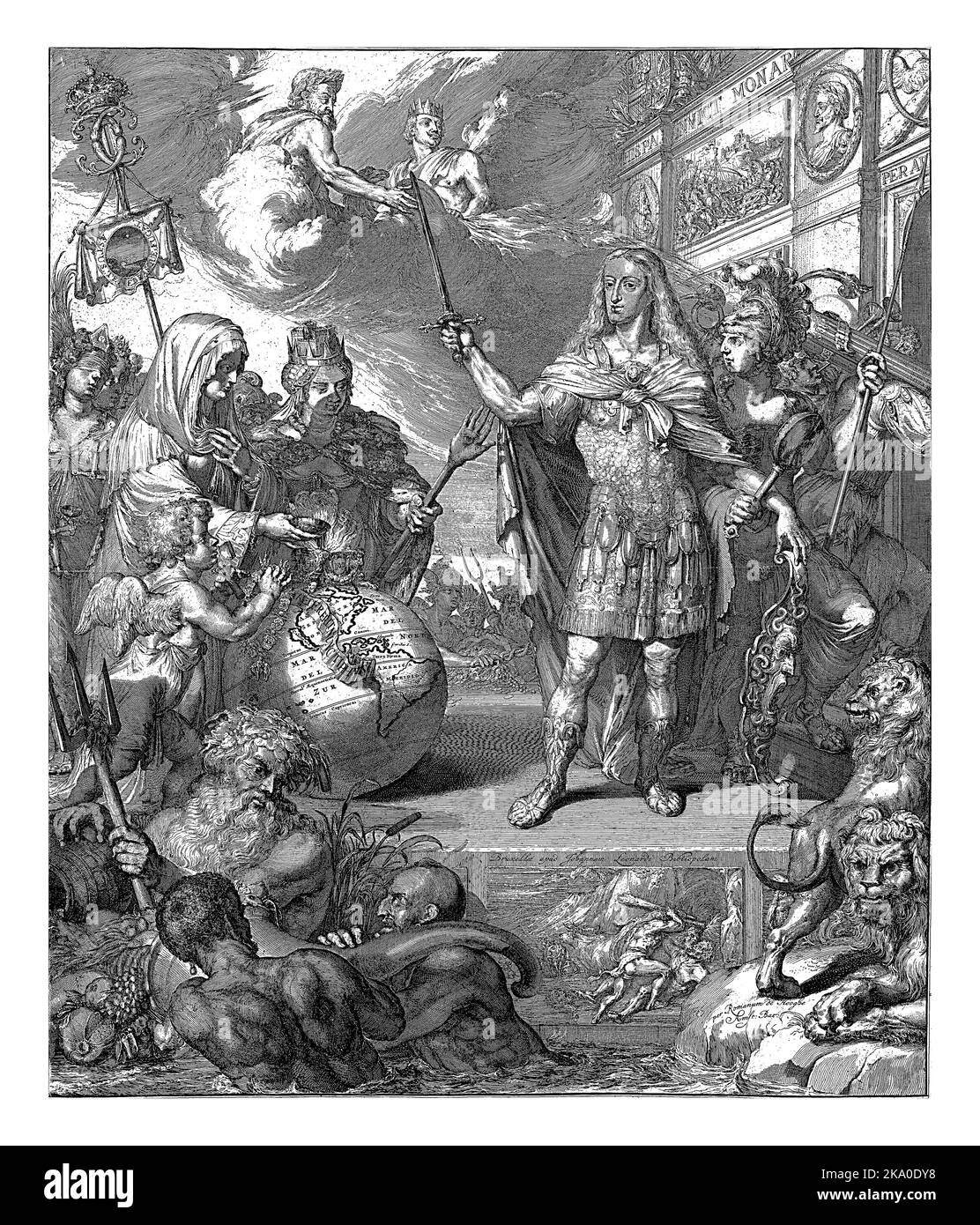 Portrait allégorique du roi Charles II comme général romain, 1704. Debout avec une épée dessinée, accompagnée de Minerva et d'Eendracht. Banque D'Images