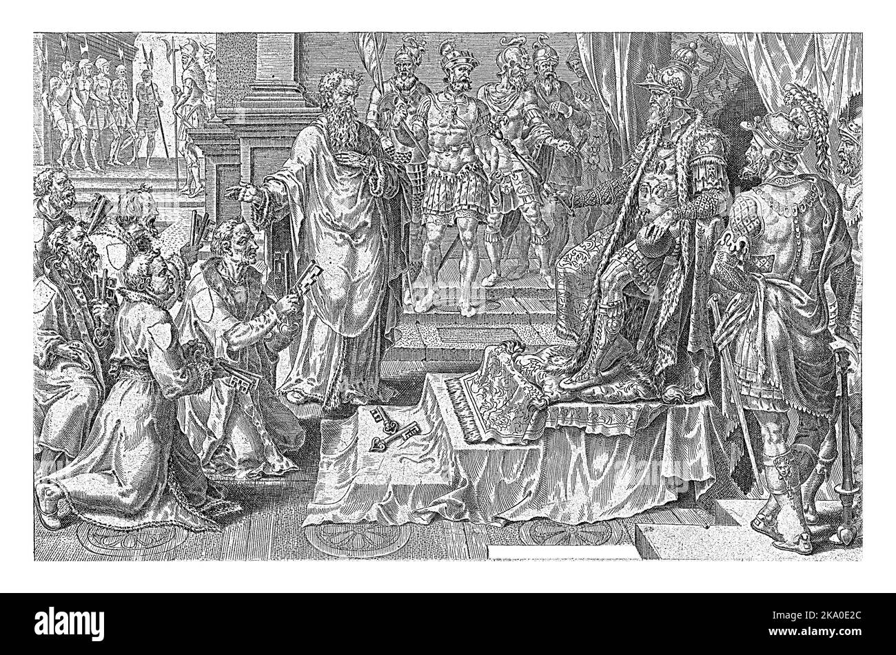 Six villes allemandes se soumettent à Charles V en 1547 après la bataille de Muhlberg. Les dirigeants des villes s'agenouillent devant le trône de Charles V. dans leur h Banque D'Images