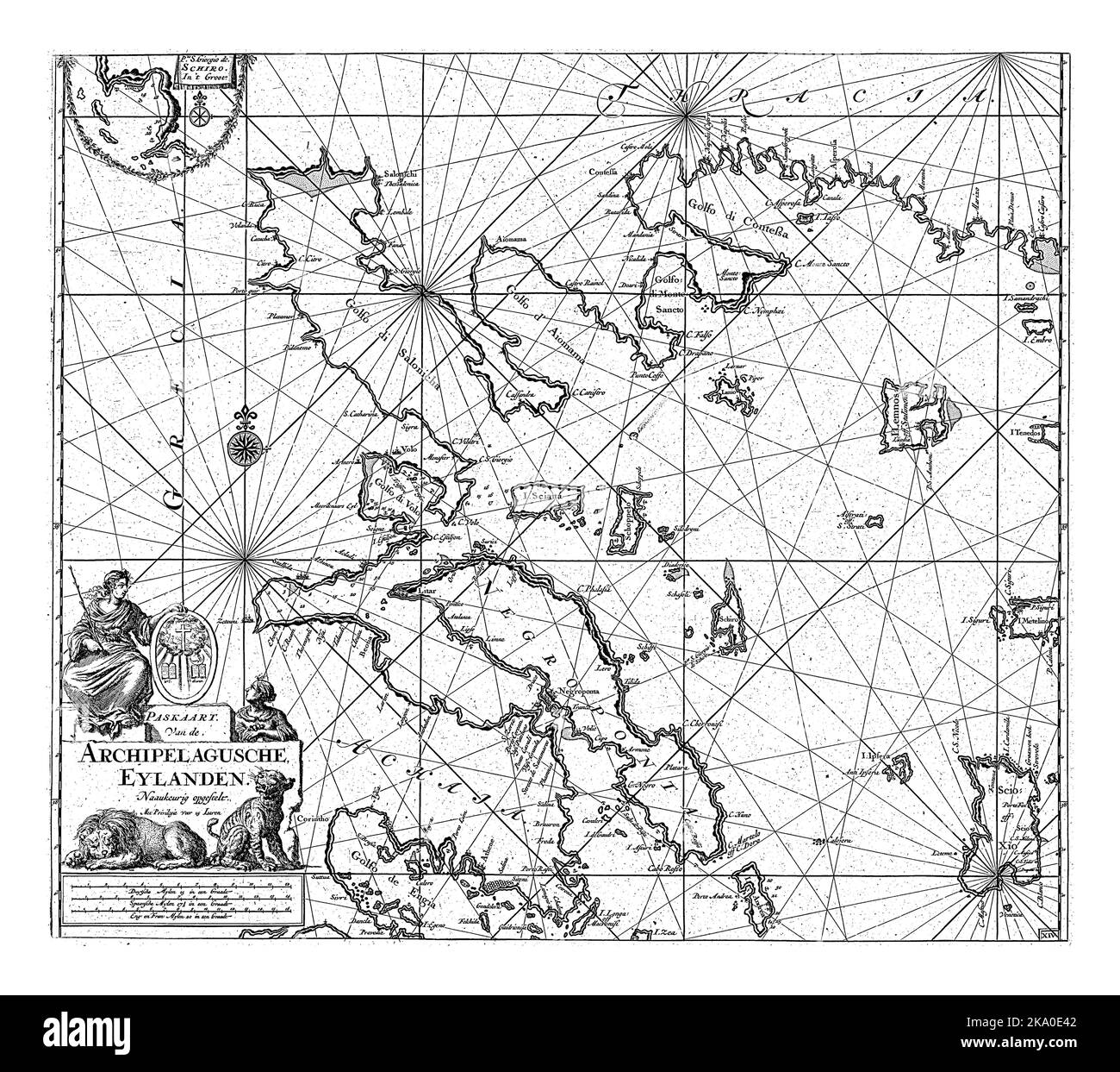 Carte de passeport de la partie ouest de la mer Égée avec une partie de la côte de la Grèce, avec un encart et deux roses de boussole, le Nord est vers le haut. Banque D'Images