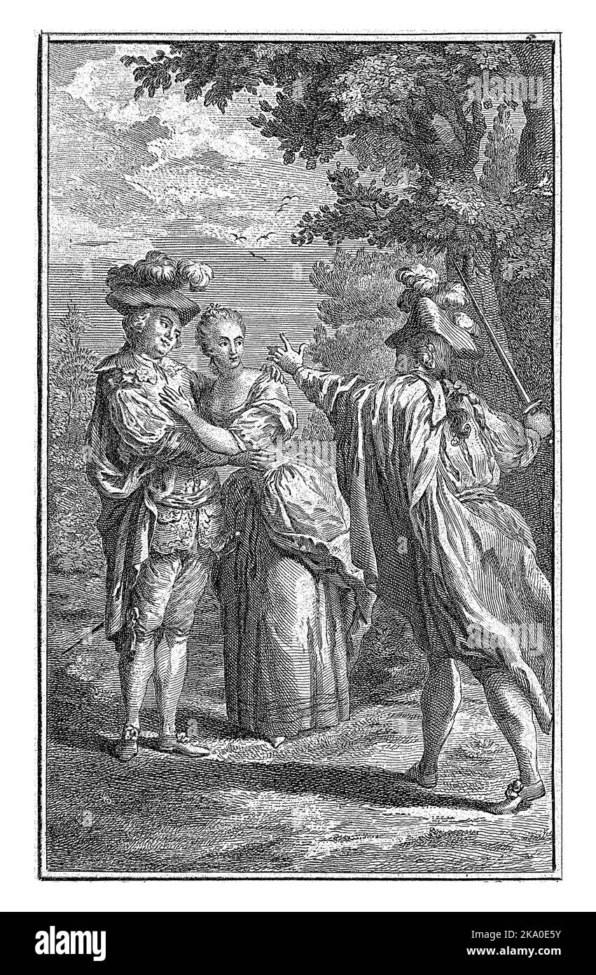 Un couple aimant marche dans la forêt. Ils sont surpris par un ami jaloux de la femme qui défie l'homme à un duel. Banque D'Images