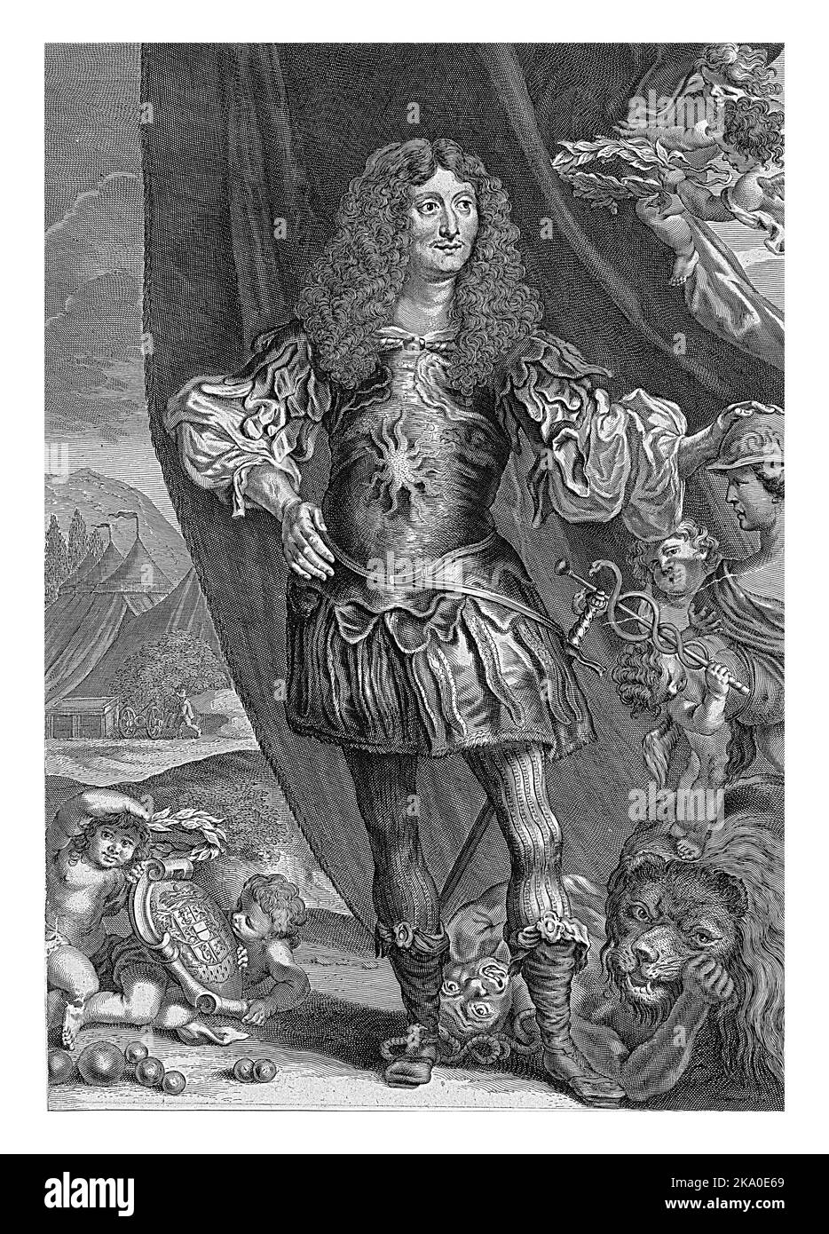 Portrait complet de Christiaan Lodewijk i van Mecklembourg-Schwerin. Sa main repose sur le chapeau de Mercury, un puto tient son caduceus. Banque D'Images