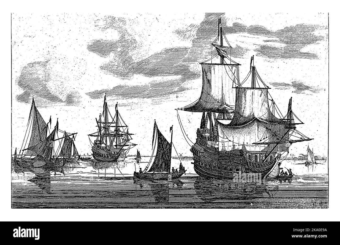 Deux navires de guerre et autres voiliers sur l'eau calme, anonyme, 1600 - 1700 Banque D'Images