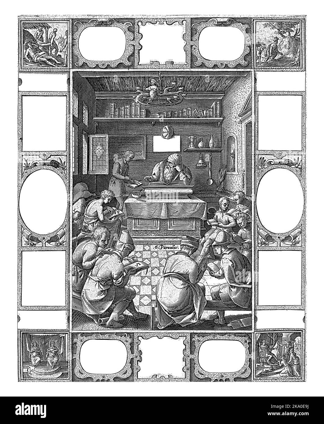 Allégorie avec une représentation centrale d'un professeur enseignant enseignant enseignant ses étudiants, entouré d'un cadre Banque D'Images