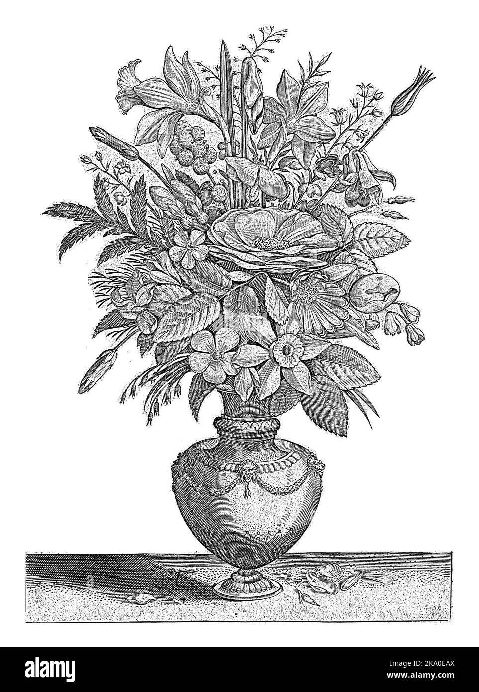 Sous le vase se trouvent les feuilles et les bourgeons tombés. Page 3 sur 21 pages numérotées et page de titre d'une série de 24. Banque D'Images